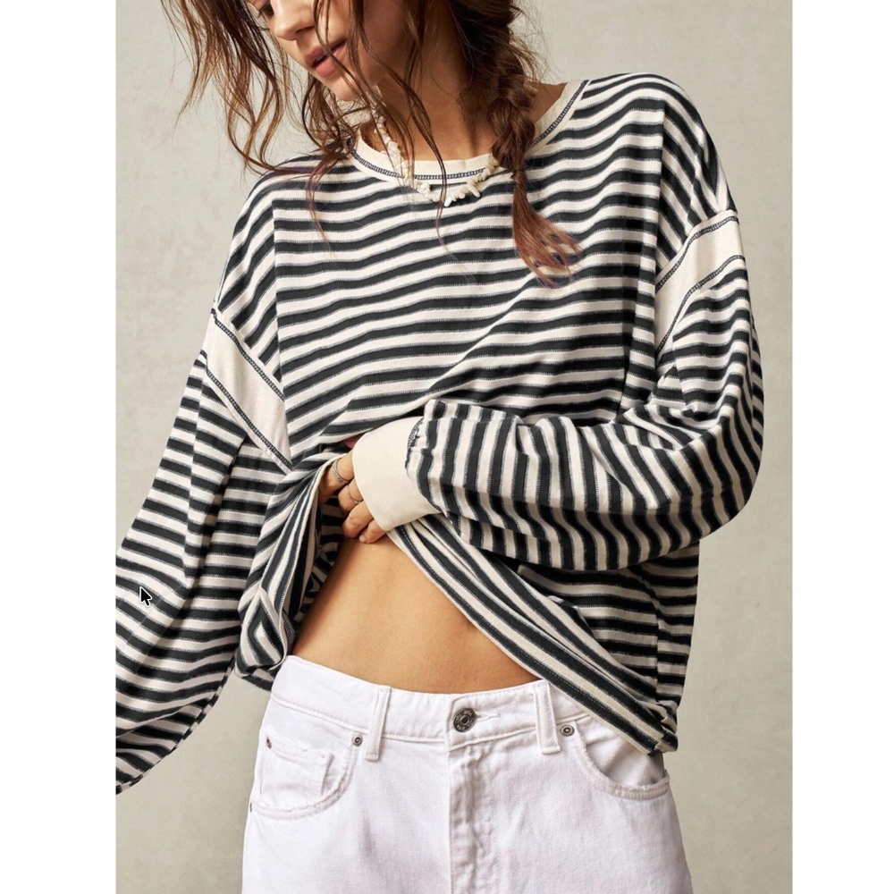 Cotton Striped Black and Off White Oversized Sweatshirt Long Sleeve